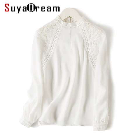 SuyaDream-blusa blanca de seda con cuello levantado para primavera y otoño, camisa elegante de 100% con encaje crepé, para oficina, 2022 ► Foto 1/1