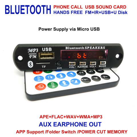 Bluetooth inalámbrico 12 V 12 V 5 V Micro USB MIC 3,5 MM AUX salida de auriculares APE FLAC MP3 WMA decodificador Junta módulo de Audio USB TF Radio para coche ► Foto 1/6