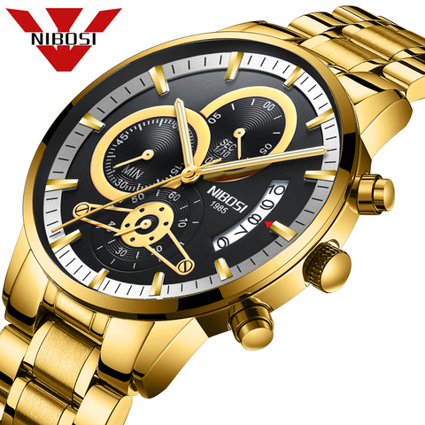 NIBOSI-Reloj de cuarzo para Hombre, cronógrafo deportivo, resistente al agua, color dorado y negro, 2022 ► Foto 1/6