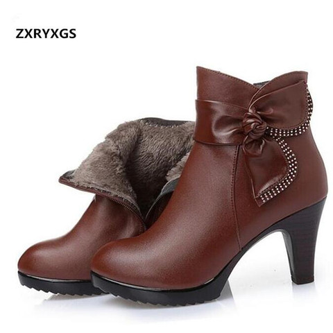 Botines con lazo de marca ZXRYXGS para mujer, botas de nieve de tacón alto, cuero genuino, lana cálida, para invierno, 2022 ► Foto 1/6