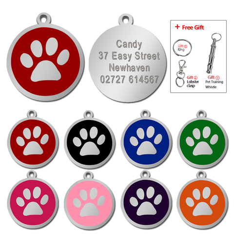 Personalizada Dog ID Tag Pet etiquetas personalizadas grabado ronda Paw Pet placa colgante para perros y gatos con regalo libre silbato ► Foto 1/6