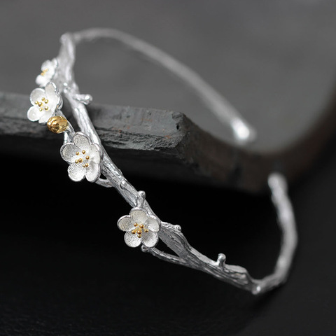Pulseras de plata de ley 925 con flores de ciruela para mujer, brazaletes abiertos hechos a mano, joyería estilo chino para mujer ► Foto 1/6