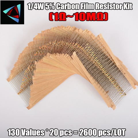 Resistores de película de carbono, kit surtido de resistores de 1/4W 2600 5% valores 1R ~ 10M ohm resistencia 130 tolerancia Paquete de resistencias ► Foto 1/2