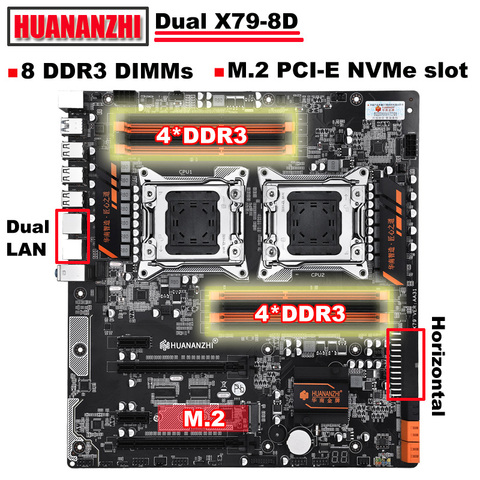 HUANANZHI-placa base de toma de corriente de doble CPU, X79-8D, buena Placa base con NVMe SSD, ranura M.2, 2 puertos Ethernet GIGA, 8 DIMMs DDR3 ► Foto 1/6