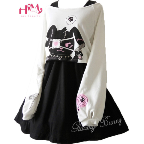 Japonés conejo conejito Kawaii Lolita vestido lindo cómico negro, conjunto de dos piezas de Vestidos de manga larga Casual chica Mini Vestidos ► Foto 1/6