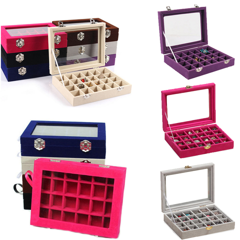 24 rejillas negro Rosa rojo terciopelo Joyero Anillos pendientes collares soporte de maquillaje organizador de caja de joyería de mujer almacenamiento ► Foto 1/6