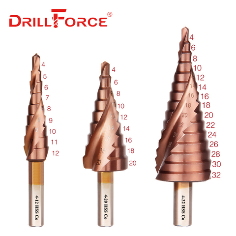 Drillforce-taladro escalonado de cobalto M35, brocas de acero de alta velocidad de 4-12/4-20/4-32mm, vástago triangular de ranura espiral para acero inoxidable ► Foto 1/4