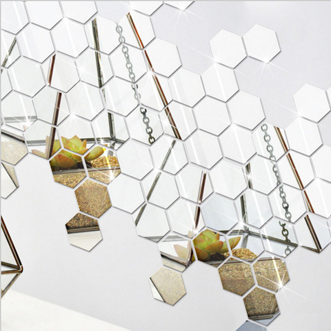 12 unids/set Hexagonal 3D espejo pared pegatinas restaurante pasillo suelo personalidad espejo decorativo pegar sala de estar ► Foto 1/6
