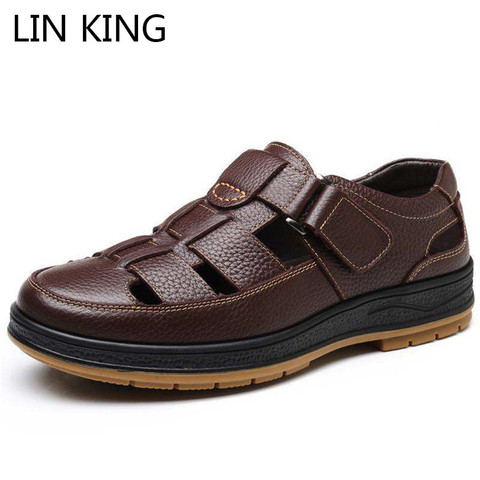 LIN KING-sandalias para hombre de cuero genuino con agujeros, zapatos de verano, calzado exterior, suela suave ► Foto 1/6