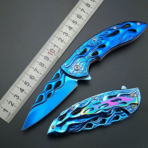 Cuchillo plegable con diseño de llama de fuego azul, hoja de titanio azul, mango de hoja, cuchillo plegable para recoger, 440C, cinturón de arco iris, almeja ► Foto 1/6