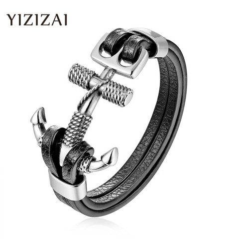 YIZIZAI pulsera de ancla de cuero genuino para hombres, grilletes de lobo doble, pulseras de acero inoxidable, pulsera, joyería de moda ► Foto 1/6