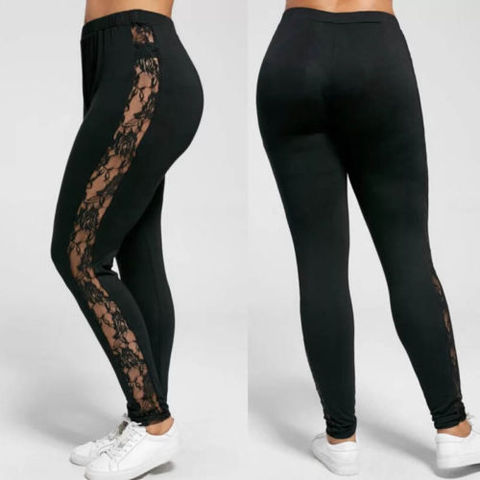 Mallas sexys de encaje Floral para mujer, Leggings con Panel lateral cortado, negro, Empire, de talla grande ► Foto 1/5