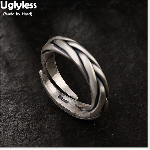 Uglyless S 999 joyería de plata fina hecho a mano de punto anillos para los hombres étnico Vintage trenzado anillo de apertura tejido textura chicos Bijoux ► Foto 1/1