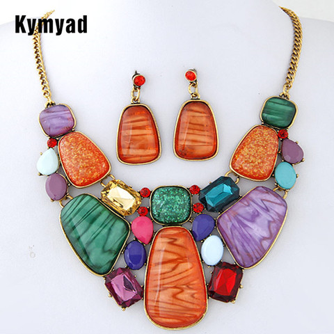 Kymyad Multicolor piedra joyería conjuntos para mujeres joyería fina de cuentas de África Set Vintage declaración collar pendientes para las mujeres ► Foto 1/6