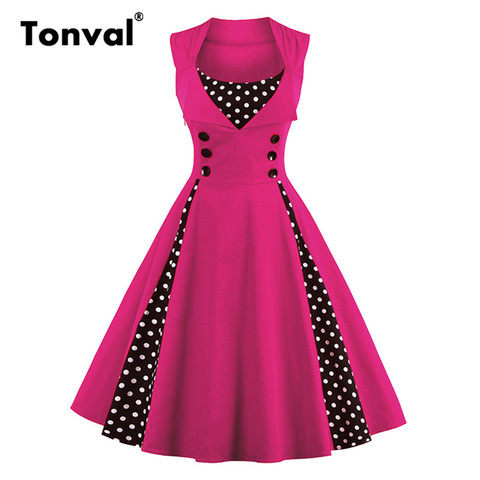 Tonval elegante Polka Dot Sleeveless Pin Up Retro Vintage Vestido Mujer Botón de fiesta de verano de talla grande 4XL 5XL vestidos de algodón ► Foto 1/6