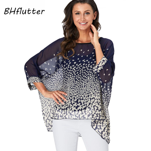 BHflutter 4XL 5XL 6XL Plus tamaño 2022 blusa mujer elegante de gasa con estampado Floral, blusas camisas Sexy hombro Tops de verano túnica ► Foto 1/6