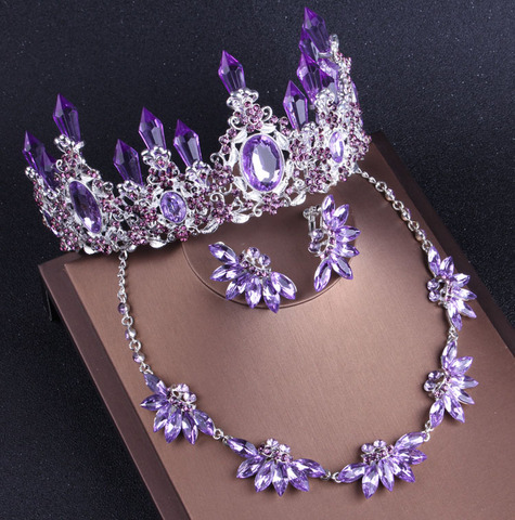 Noble púrpura cristal nupcial Juegos de joyería y collares pendientes corona Tiaras conjunto de joyas de perlas africanas conjunto de accesorios de vestido de boda ► Foto 1/5