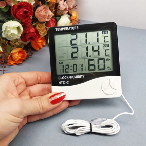 Termómetro Digital higrómetro electrónico LCD, medidor de temperatura y humedad, estación meteorológica, reloj interior y exterior, HTC-2 ► Foto 1/6