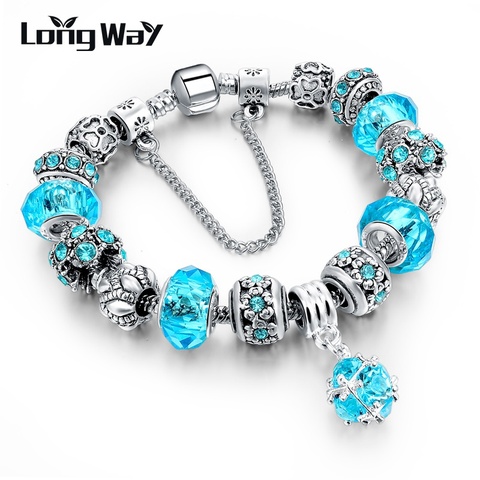 LongWay-pulsera de cristal azul y plata auténtica para mujer, estilo europeo, joyería de cuentas Original, regalo de Navidad DIY ► Foto 1/6