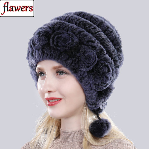 Natural suave, de punto gorro de piel de conejo Rex Rusia mujeres invierno 100% piel auténtica de conejo Rex Caps Lady Warm piel de conejo Rex auténtica gorro de piel de conejo Rex s ► Foto 1/6