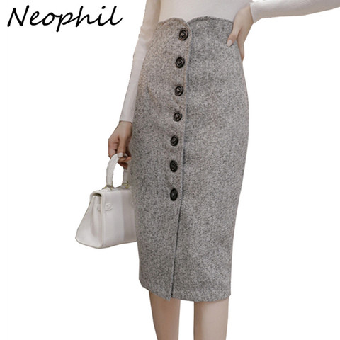 Neophil de cintura alta de lana botón falda estilo lápiz oficina elegante Grey 2022 de lana de invierno Faldas S1738 ► Foto 1/6