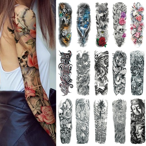 25 diseño impermeable etiqueta engomada del tatuaje temporal de brazo completo de gran tamaño brazo tatuaje Flash falso manga de tatuajes para hombres mujeres niñas #288345 ► Foto 1/6