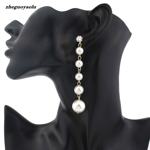 Pendientes largos de perlas de estilo de pendientes, aretes grandes de imitación de colgante de perla, adecuado para regalos de fiesta de boda ► Foto 1/6