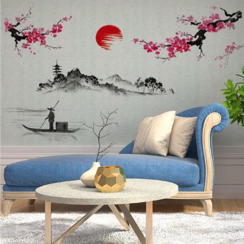 Pintura de tinta de paisaje chino de montaña y Río, calcomanía de pared de caligrafía, papel tapiz para el hogar, póster artístico, pared de salón, grafica100 x 130cm ► Foto 1/6