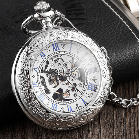 Reloj de bolsillo de plata completa para hombre y mujer, de acero inoxidable, mecánico, Steampunk, Vintage, cadena con grabado de viento, colgante ► Foto 1/4
