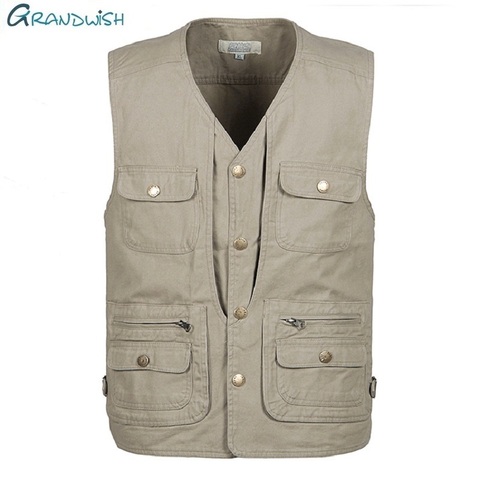 Grandwish 100% de algodón de bolsillo hombres chaleco Verano de 2022 nuevo hombre chaqueta sin mangas para hombre fotógrafo pantalones chaleco DA746 ► Foto 1/6