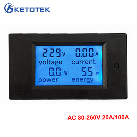 4 En 1 metro del voltaje de corriente de energía de la energía de AC 80-260 V 20A 100A voltímetro amperímetro watt medidor de potencia de fondo azul ► Foto 1/6