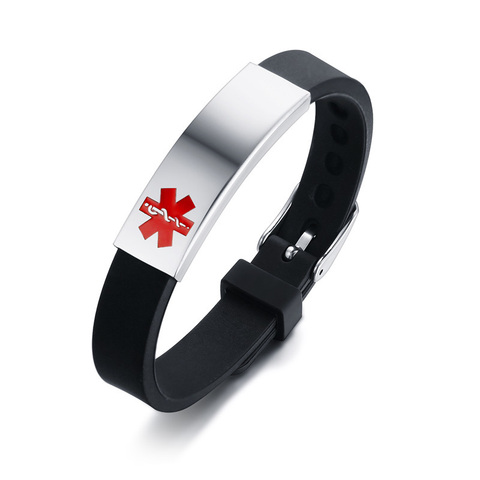 Pulsera ajustable de silicona negra para hombres con ID de alerta médica para la alergia a la DIABETES epilepsia alergia COPD warfarina asma ► Foto 1/6