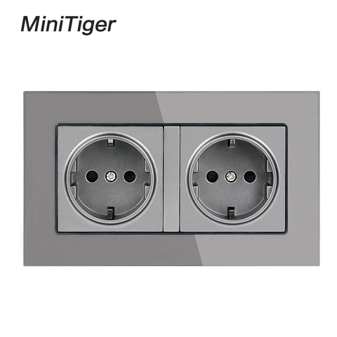 Minitiger-Panel de alimentación de cristal de enchufe de pared doble estándar de la UE, 16A, conexión a tierra con puerta protectora para niños, gris y negro ► Foto 1/6