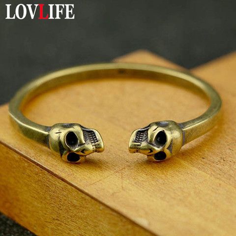 Brazalete Punk de latón con apertura de cabeza de Calavera, accesorios de joyería de moda, brazaletes de cobre sólido estilo Hip Hop Rock ► Foto 1/6