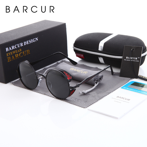 BARCUR Steampunk gafas de sol redondo gafas para hombres, diseñador de marca, las mujeres lentes góticos polarizado gafas de ► Foto 1/6