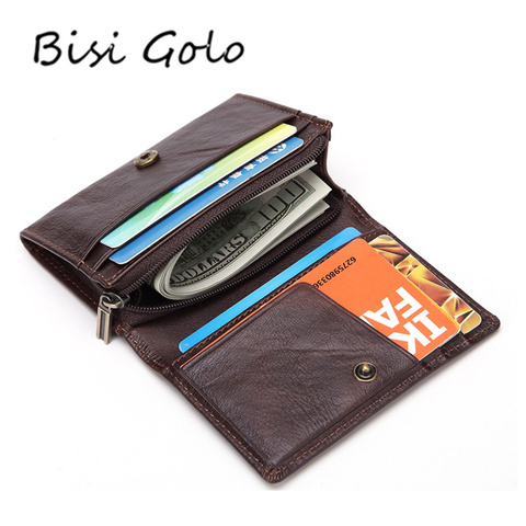 BISI GORO RFID Cartera de cuero genuino de los hombres cartera antirrobo de Slim de cuero cremallera Mini cartera tarjeta de crédito cartera ► Foto 1/1