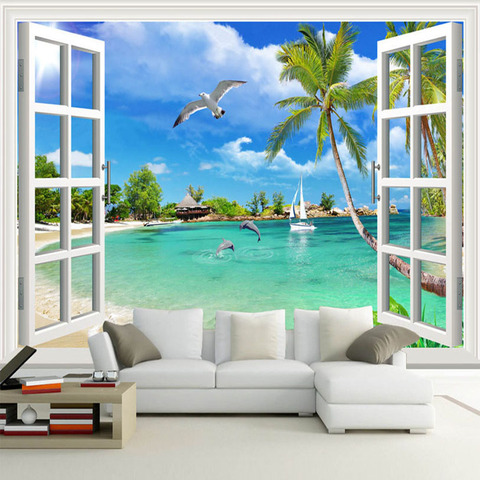 Fondo con revestimiento de paredes para el hogar, papel pintado con foto 3D personalizado para ventana, escenario de playa, dormitorio, sala de estar, sofá, TV, Mural, 3D ► Foto 1/6