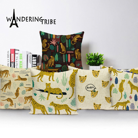 Fundas de almohada con diseño de tigre Almohada amarilla para decoración del hogar, cojines de sofá, funda negra de cojín de estilo escandinavo, color verde, 45x45 ► Foto 1/6