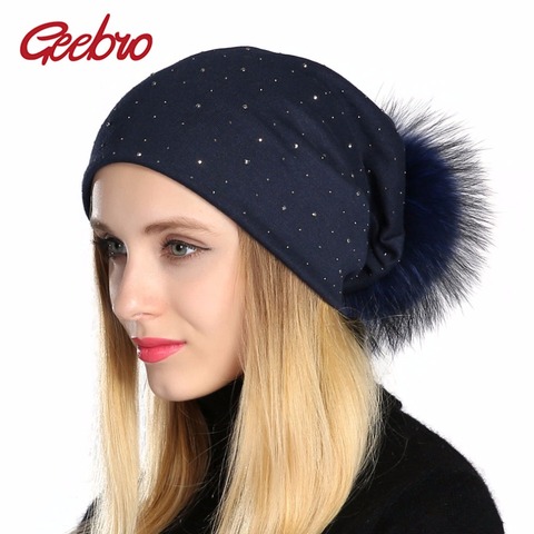 Geebro-gorrito con diamantes de imitación para mujer, Gorro con pompón, Color liso, pompón Piel de mapache ► Foto 1/6