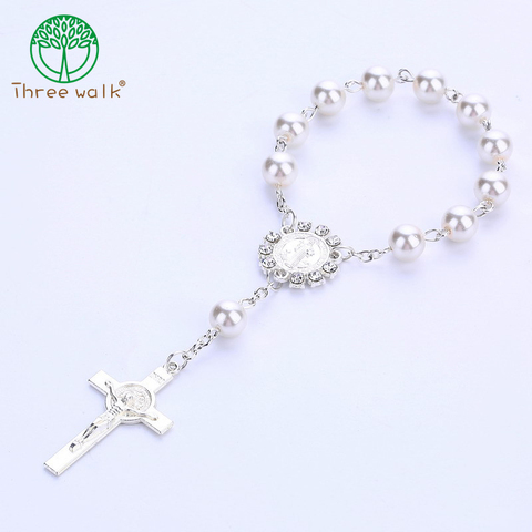 Perla de imitación de cuentas católica Rosario Católico comunión color plata alas colgantes del Crucifijo pulsera lindo regalo ► Foto 1/6