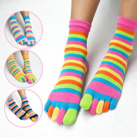 Coloridos calcetines de algodón con cinco dedos para hombre y mujer, calcetín corto, transpirable, a rayas, un par, envío directo ► Foto 1/6