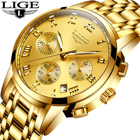 LIGE-reloj analógico de acero inoxidable para hombre, accesorio de pulsera de cuarzo resistente al agua con calendario, complemento Masculino de marca de lujo con diseño moderno disponible en color dorado ► Foto 1/6