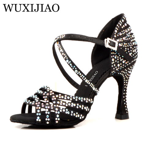 Wxijiao zapatos de salón de baile de Salsa para mujer zapatos de baile latino grande pequeño Diamante de imitación piel brillante Negro satén Cuba talón 9 cm ► Foto 1/6