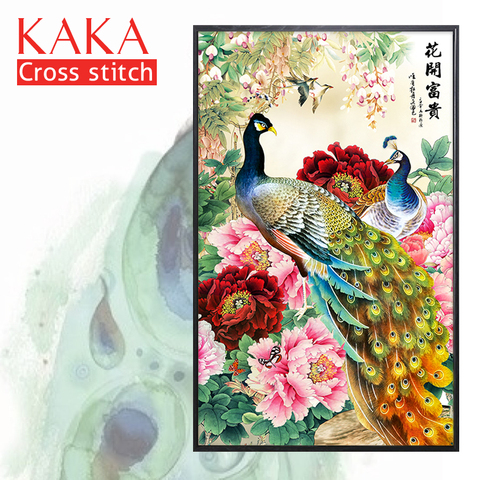 KAKA kits punto de cruz bordado costura conjuntos con patrón de 11CT de decoración para el hogar para jardín casa flores de pavo real ► Foto 1/6