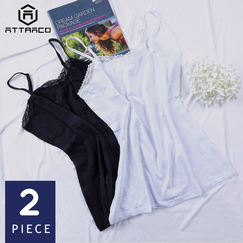 ATTRACO-camisola básica de algodón suave para mujer, camisetas sin mangas de encaje con Tirantes ajustables, ropa de dormir nocturna, paquete de 2 ► Foto 1/6