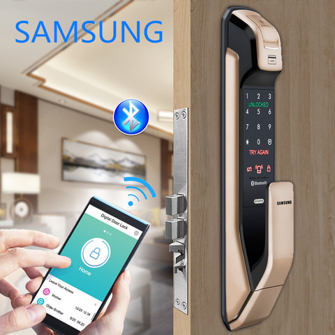 SAMSUNG-cerradura de puerta Digital con huella dactilar, pulsador, WIFI, Bluetooth, App, SHS-DP728, versión en inglés, muesca grande, AML320 ► Foto 1/6