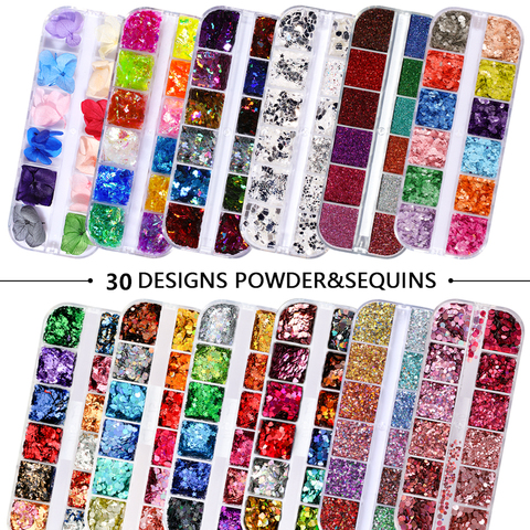 12 rejillas/Set de uñas de tamaño mezclados copos de brillantina lentejuelas 3D Paillette polvo encanto Nail Art decoración herramientas de manicura CT01-20 ► Foto 1/6