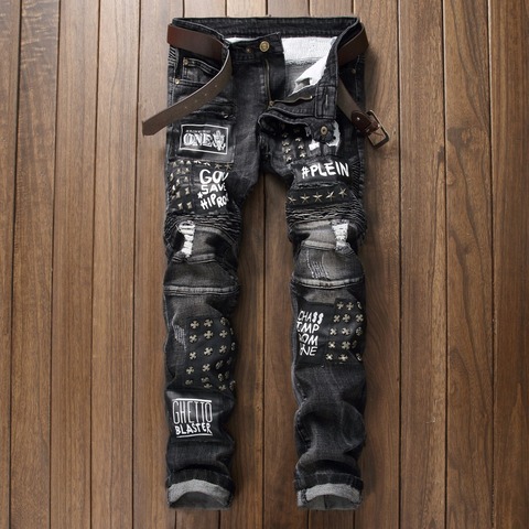 2022 parche Jeans hombres Skinny Casual algodón clásico rasgado Denim para hombres recto Slim Fit más tamaño Rvaet Rap Harajuku Biker Jean ► Foto 1/6
