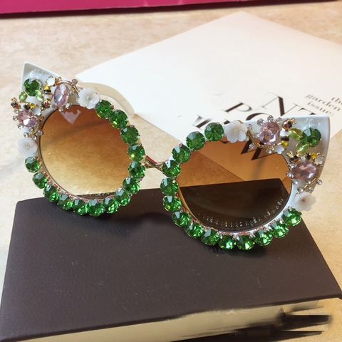 Marca diseño hecho a mano de ojo de gato gafas de sol de moda gafas Mujer Flor con perla redonda Vintage gafas de sol fiesta en la playa ► Foto 1/6
