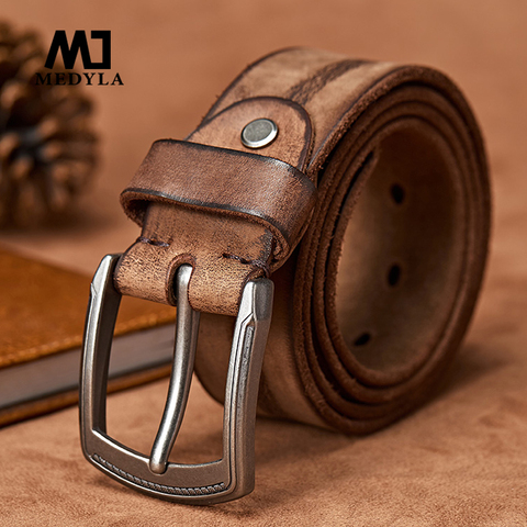 MEDYLA cinturón de cuero de vaca Original cinturón de cuero para hombres para Jeans diseño Casual cintura de vaquero hecho a mano correa de Color verde ► Foto 1/6
